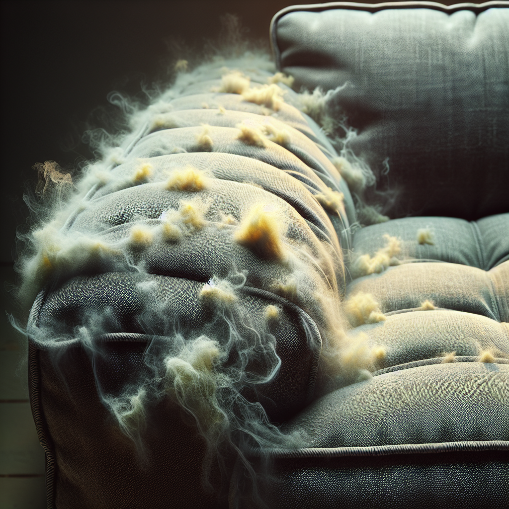 Close-up of a plush, grey fabric sofa cushion in a dimly lit room, with subtle, ethereal wisps of yellowish-grey smoke clinging to its fibers, visually representing embedded stale cigarette odor. The texture of the fabric looks slightly dull and permeated, evoking an unwelcome atmosphere. High detail, slightly desaturated colors.