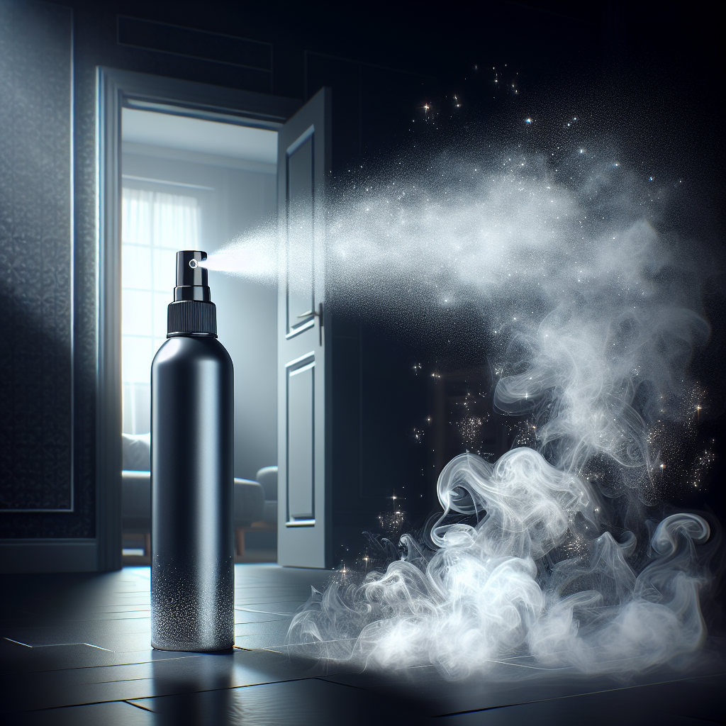 A stylish, modern anti-smoke odor spray bottle is actively spraying a fine, translucent mist into a visibly smoky room. As the mist spreads, faint, wispy smoke particles are shown dissolving and disappearing, transforming the atmosphere into bright, sparkling fresh air. Dynamic lighting, representing freshness and efficacy.