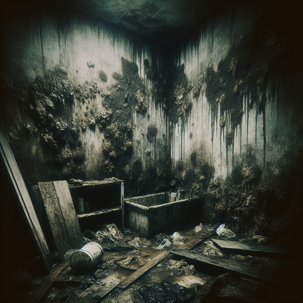 A slightly dark and atmospheric image of a damp, neglected corner of a room, possibly a basement or an old bathroom. The air looks heavy and slightly oppressive, conveying a strong, musty, and unpleasant mold smell. Subtle textures of dampness on the wall and a general feeling of stuffiness and discomfort. Focus on the feeling of an unpleasant odor rather than visible extensive mold.