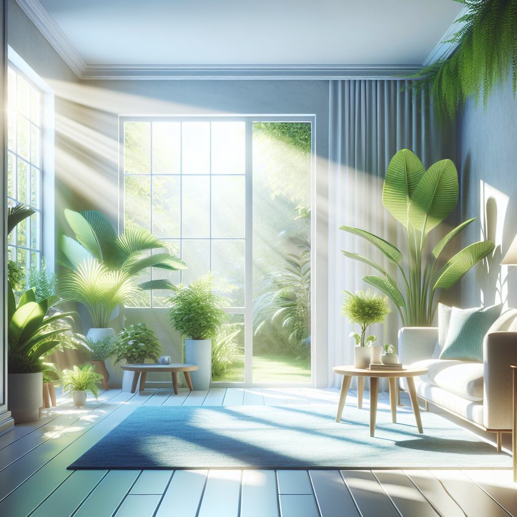 A bright, airy, and inviting image of a modern living space or bathroom. Sunlight streams through an open window, illuminating clear, crisp air. Green plants add a touch of freshness. The room feels immaculately clean, well-ventilated, and filled with a sense of natural freshness and comfort, symbolizing the successful removal of mold smell.