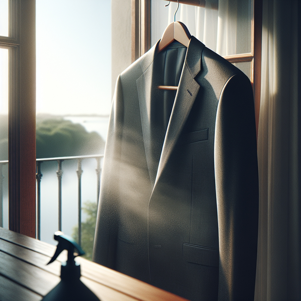 A classic charcoal grey suit jacket is meticulously hung on a broad wooden hanger, gently swaying in a light, fresh breeze on an open balcony or next to an open window. Soft, natural morning light bathes the scene, highlighting the fabric's texture. In the foreground, slightly out of focus, a fine mist from a spray bottle hints at a natural deodorizing method. Realistic photo, clean aesthetic, focus on freshness and natural light.