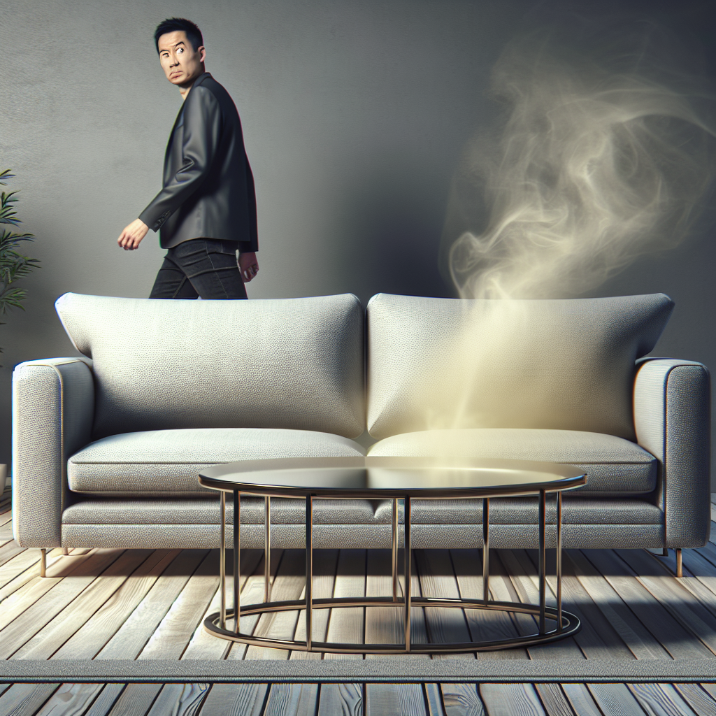 A modern, minimalist living room with brand-new, stylish furniture (e.g., a sofa and a coffee table). Subtle, almost invisible wisps of a slightly yellowish or grayish haze emanate from the furniture, creating a faint, unsettling visual of unpleasant odors in the otherwise clean air. A person in the background subtly wrinkles their nose or slightly turns away, suggesting discomfort. High quality, realistic, slightly muted tones to emphasize the 'unpleasantness'.