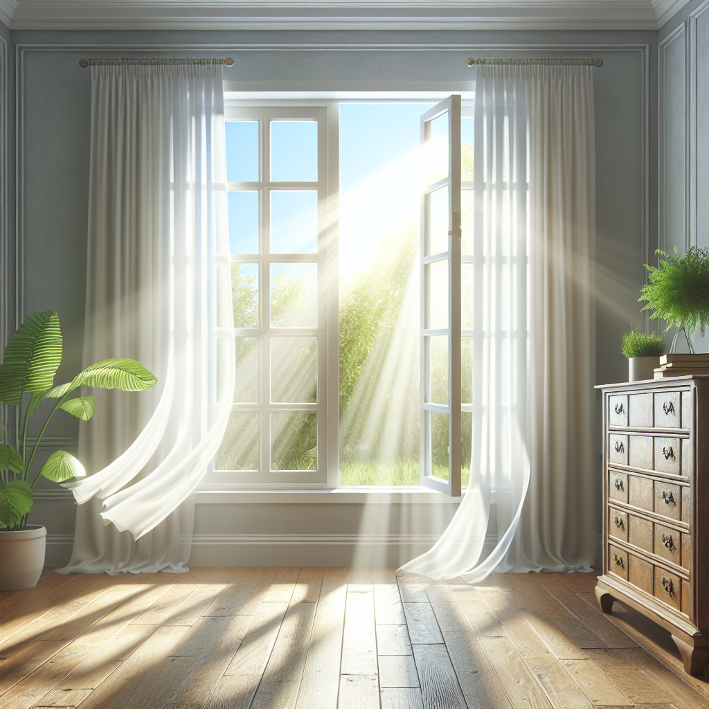 A bright, airy room with a large window wide open, letting in abundant natural light. Sheer white curtains gently billow from a refreshing breeze. Sunlight streams in, beautifully illuminating a classic wooden chest of drawers, symbolizing the fresh air circulating and effectively dissipating any lingering odors. Green houseplants near the window enhance the feeling of natural freshness and clean air. High quality, realistic, inviting, vibrant.