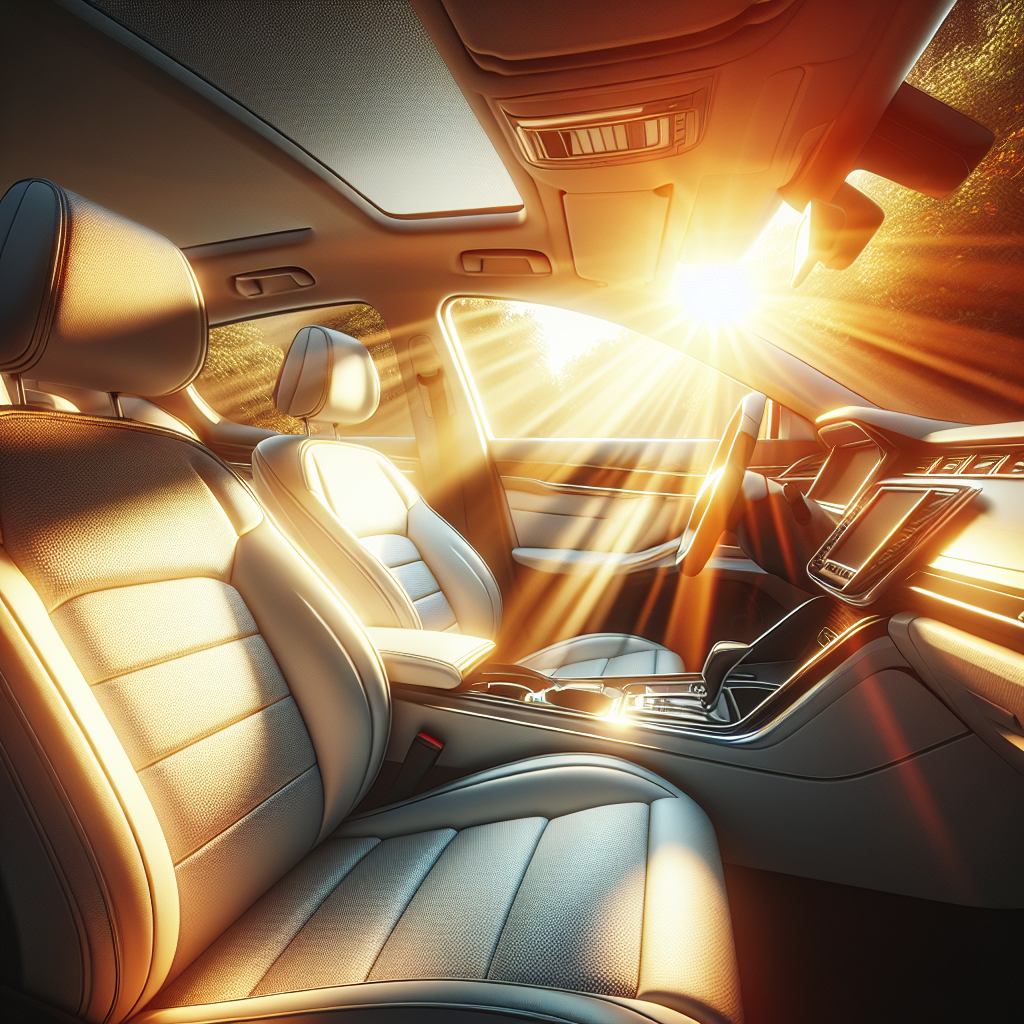 A bright and inviting car interior bathed in warm sunlight, emphasizing cleanliness and freshness. The seats are pristine, surfaces gleaming, and a subtle, almost invisible ripple of fresh, clean air visually flows through the cabin, symbolizing a pleasant scent. Realistic, high-quality photograph, inviting atmosphere.
