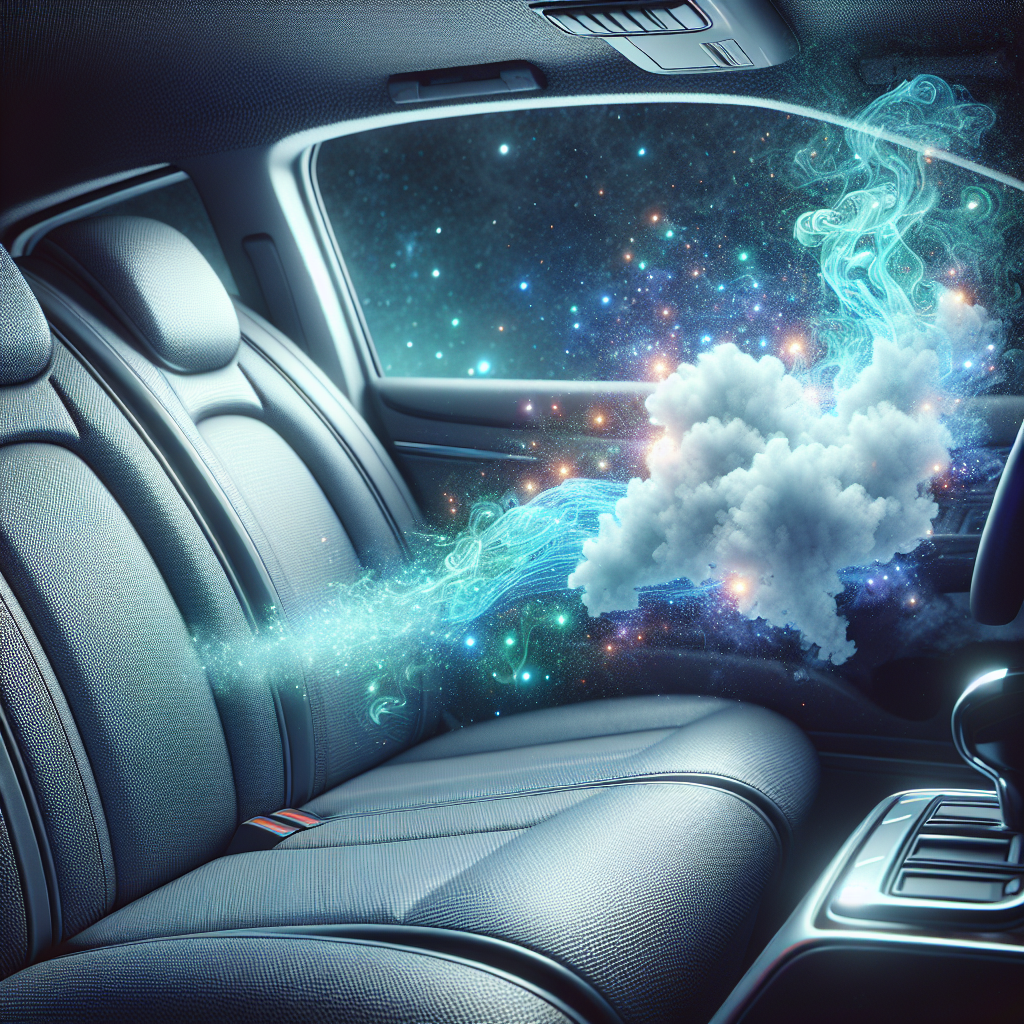 A conceptual image of a car interior where unpleasant odors are actively being 'vanquished'. A faint, greyish, dissipating cloud represents the bad smell leaving the car, while clear, crisp, and vibrant blue light rays or sparkling particles symbolize the introduction of fresh air. The car's upholstery and surfaces are visible and clean. Dynamic, symbolic, digital art style.