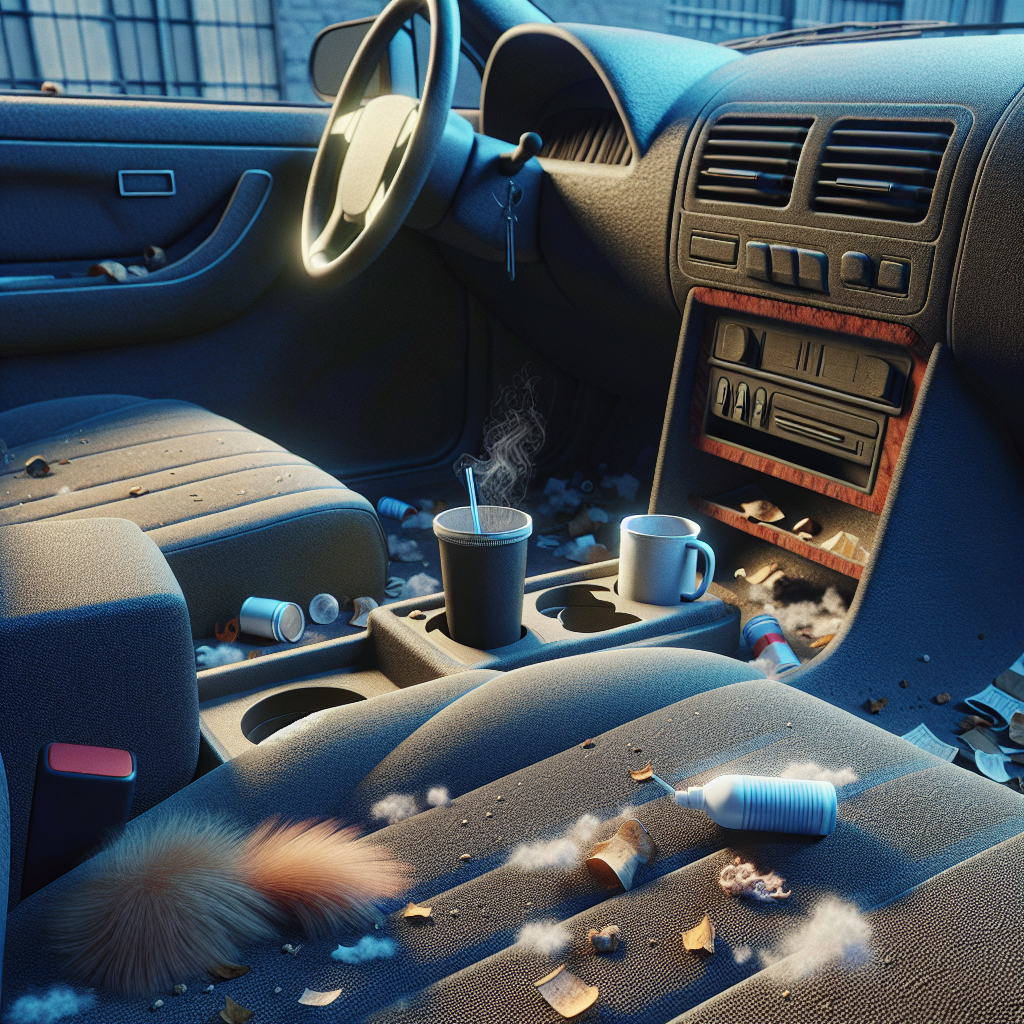 A slightly neglected car interior, showing signs of common odor sources: a forgotten coffee cup in the cup holder, a few crumbs on the seat, and a hint of dog hair on the floor. The atmosphere feels a bit stale and uninviting, emphasizing the need for auto odor removal. Realistic style, natural light.