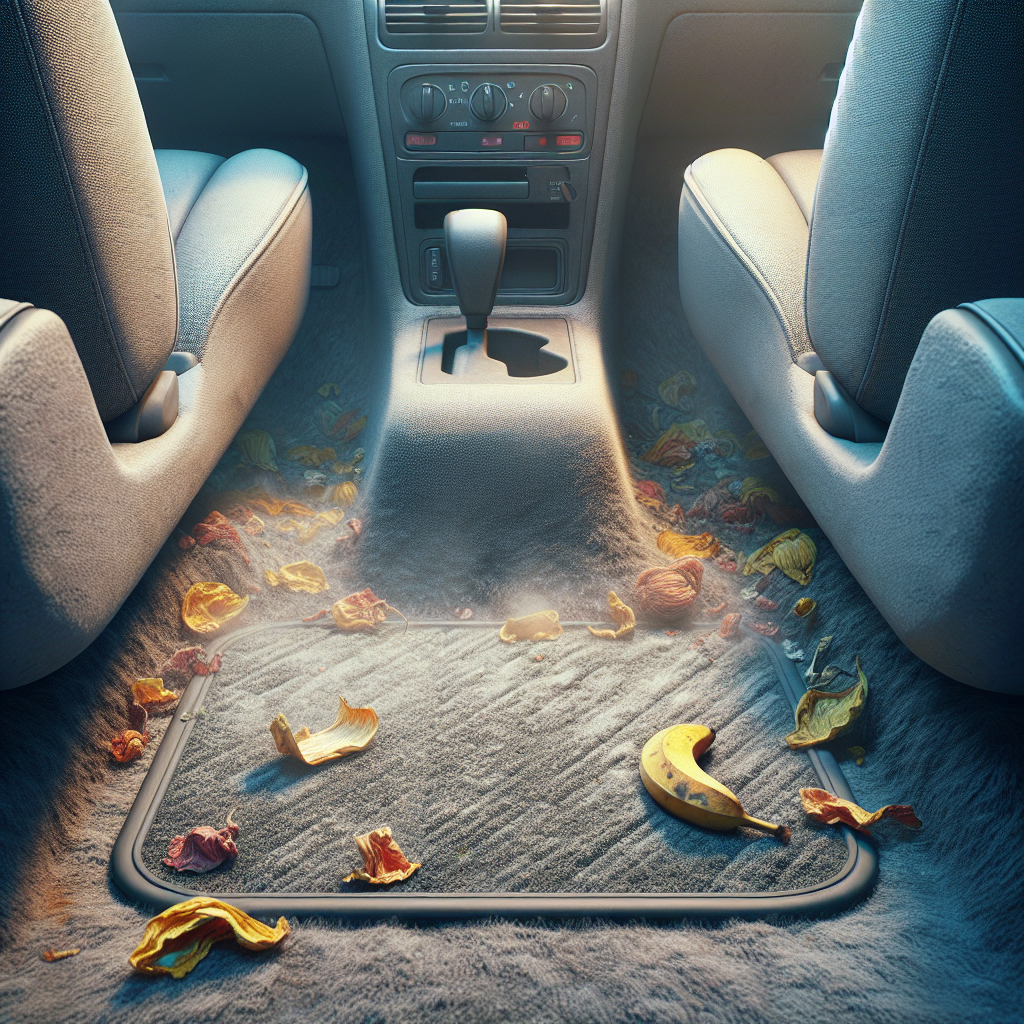 A realistic photo from inside a slightly neglected car, looking towards the front seats and footwell. The scene depicts visual cues suggesting a stale or unpleasant odor, such as a slightly damp and discolored car mat, a forgotten, wilting fruit peel peeking from under a seat, and perhaps a faint, barely visible, smoky haze in the air. The overall mood is dull and uninviting, emphasizing the need for freshness.