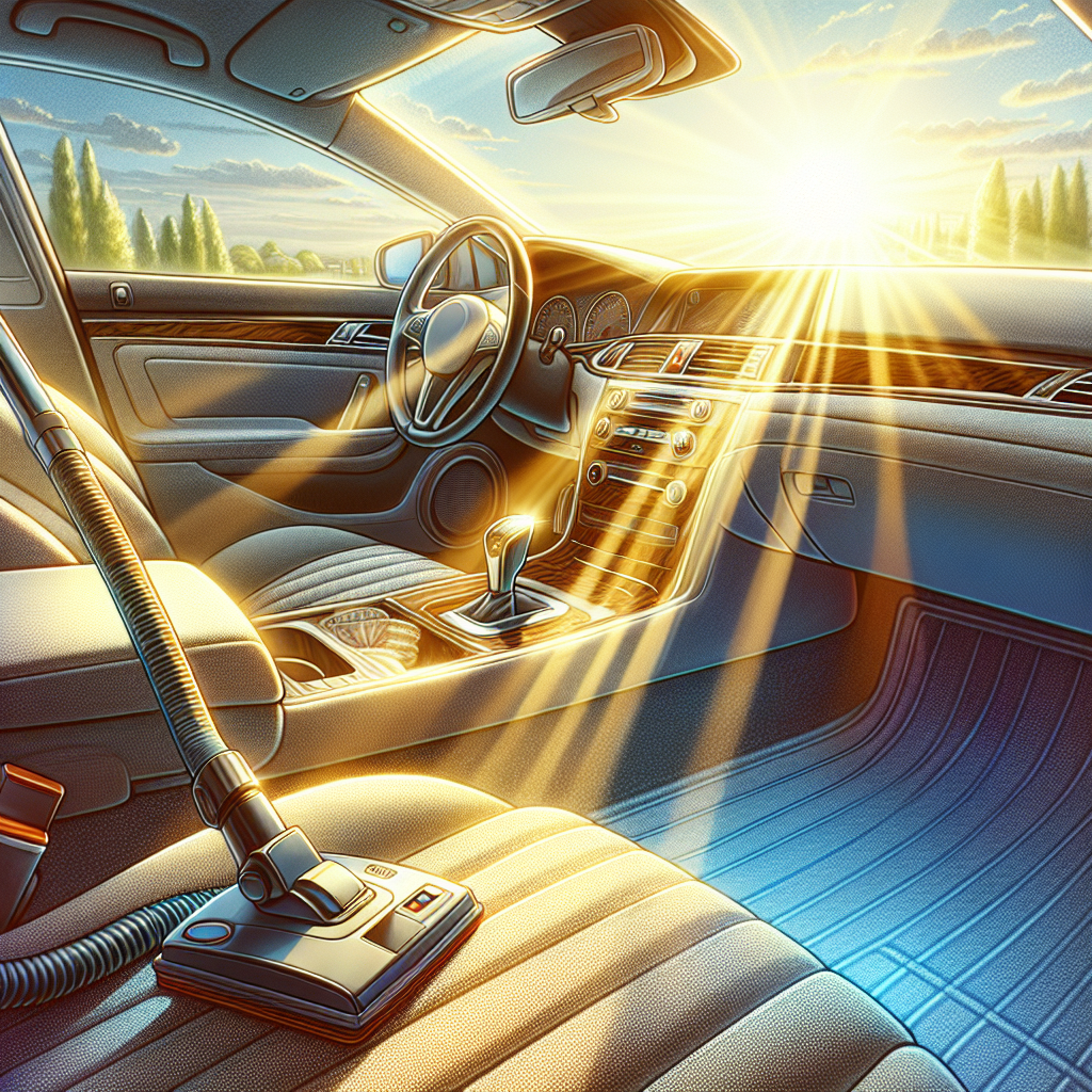 A vibrant, realistic photo of a sparkling clean and fresh car interior. Sunlight streams through the open windows, illuminating freshly vacuumed carpets, meticulously cleaned upholstery, and polished surfaces. The car feels airy, inviting, and meticulously cared for, conveying a strong sense of renewed driving pleasure and a pleasant, clean atmosphere.
