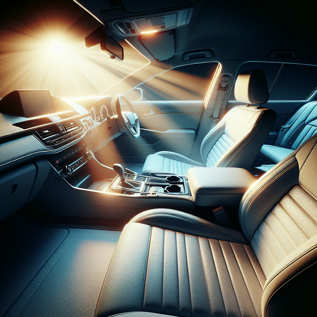 A meticulously clean and fresh car interior, bathed in soft, natural light streaming through the windows. The seats, dashboard, and floor mats appear spotless and renewed, with a palpable sense of clean air and a pleasant, subtle fragrance filling the space, evoking a feeling of comfort and newness. No visible people, focus on the pristine interior.