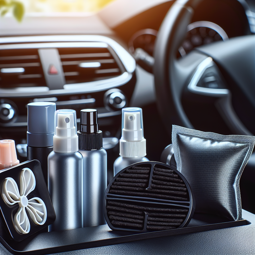 A close-up shot of various car odor removal products, such as sprays, vent clips, and activated charcoal bags, neatly displayed on a car's center console or dashboard. The products are modern and appealing, hinting at effective solutions. In the background, slightly blurred, a clean and well-maintained car interior suggests the positive outcome of using these products.
