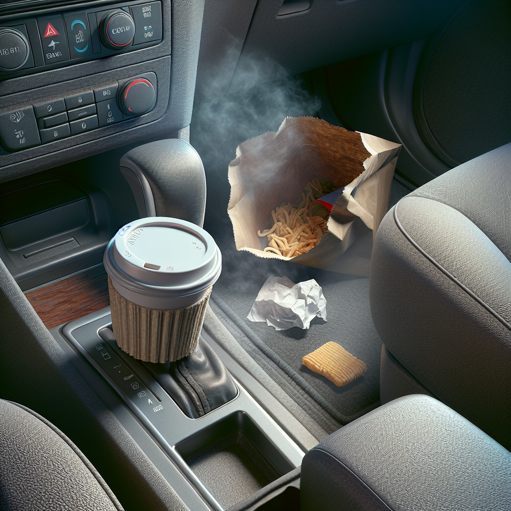 A realistic, close-up photograph of a car interior from the passenger seat perspective, subtly showing the presence of unpleasant odors. There's a forgotten coffee cup in the console, a slightly crumpled, empty snack bag on the floor mat, and a faint, almost imperceptible greyish haze in the air, hinting at staleness. The overall lighting is dim and slightly muted, conveying a stuffy atmosphere without being overtly dirty. Automotive photography style.