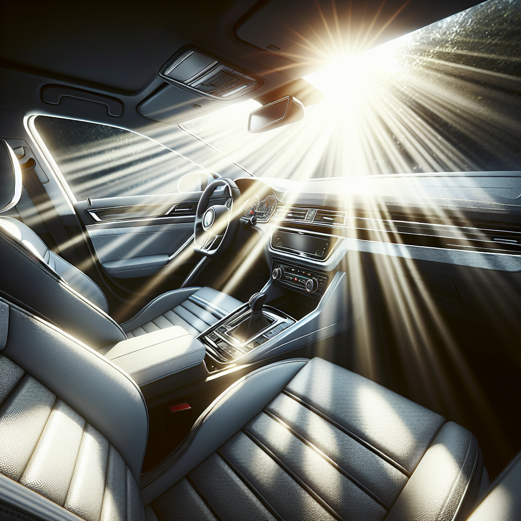 A bright, clean, and airy realistic photograph of a freshly detailed car interior. Sunlight streams through a slightly open window, illuminating spotless upholstery, a gleaming dashboard, and a sense of circulating fresh air. A subtle visual element, like a ray of light highlighting the pristine surfaces or a light, airy fabric draped over a seat, emphasizes the feeling of purity and renewed freshness. Professional automotive photography style, inviting and sparkling.