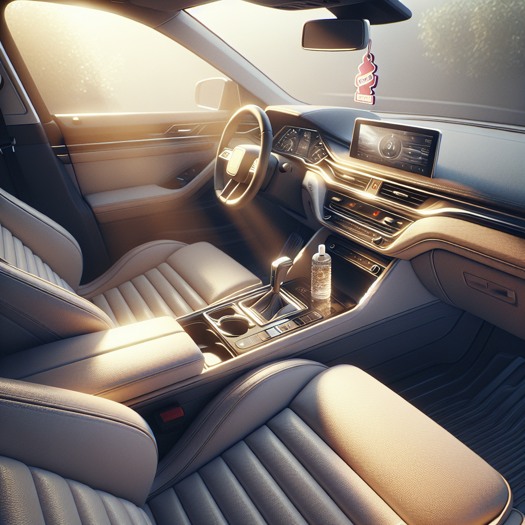 A meticulously clean and fresh car interior, bathed in soft, natural light, with spotless leather seats, a pristine dashboard, and sparkling floor mats. Subtle visual cues of freshness like a gentle breeze entering through an open window or a minimalist aroma diffuser are present. Photorealistic, high detail, inviting atmosphere.