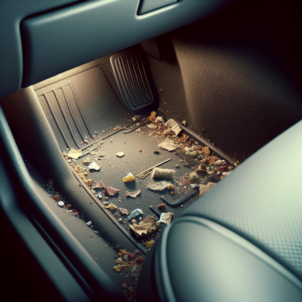 A close-up, slightly muted photograph of a car's interior, focusing on a passenger seat or footwell. There are subtle hints of neglect: a forgotten crumpled wrapper, a few scattered crumbs, or a faint shadow implying staleness, conveying the feeling of an unpleasant lingering odor without being overtly dirty. Realistic style, natural light.