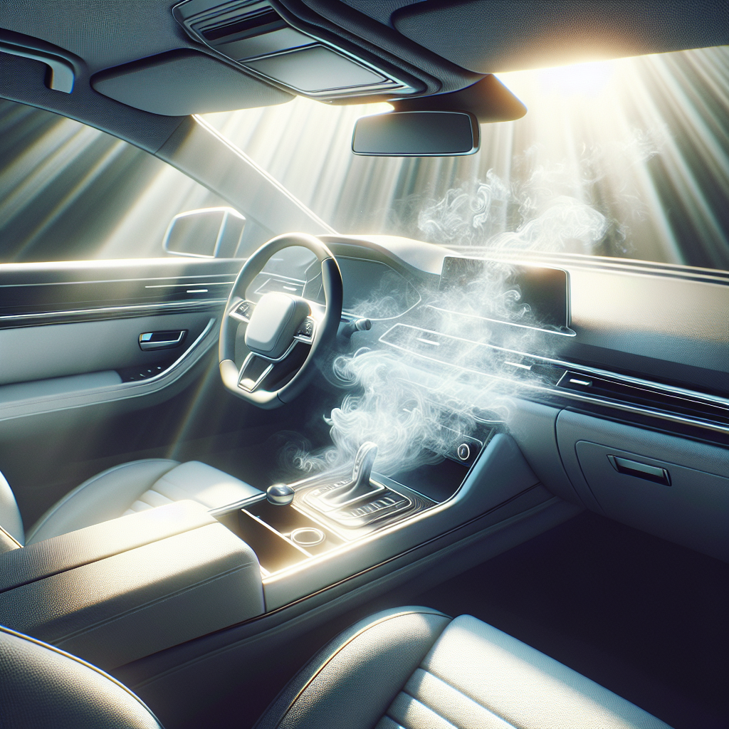A pristine and inviting car interior, immaculately clean, with soft sunlight streaming through the windows, creating a powerful sense of freshness and well-being. A subtle, ethereal wisp of fresh air appears to be gently circulating, symbolizing the complete neutralization of bad odors. The surfaces are spotless, evoking a pleasant, clean scent.