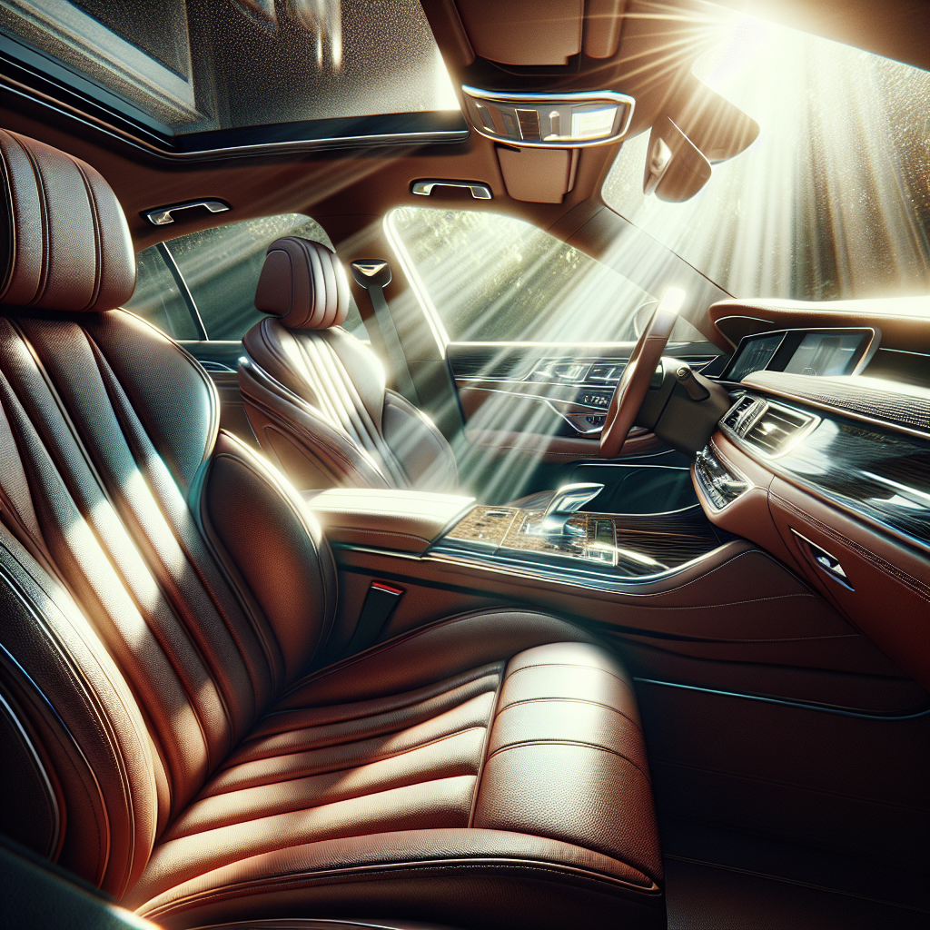 A pristine, sparkling clean car interior bathed in natural sunlight, showcasing immaculate leather seats, a polished dashboard, and crystal-clear windows. The atmosphere is fresh, inviting, and gives a strong sense of renewal and comfort, as if the car is brand new. High detail, realistic photography style, bright and airy.