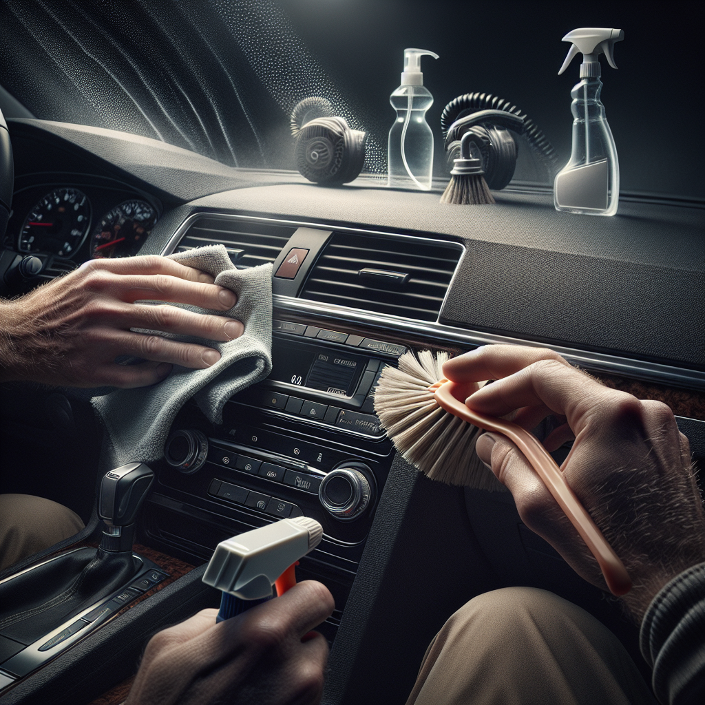 Close-up shot of hands meticulously cleaning the car interior. One hand uses a microfiber cloth to wipe the dashboard, while the other uses a small brush or an old toothbrush to clean dust from air vents or narrow crevices. Cleaning supplies like a spray bottle, a vacuum nozzle, and a bucket are subtly visible in the background. Realistic, well-lit, showing attention to detail and the effort of cleaning.