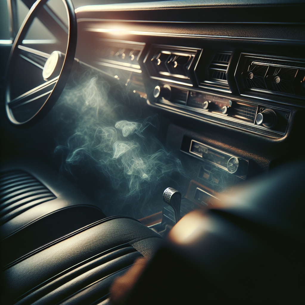 A cinematic, moody close-up of a car's interior, showing a subtle, lingering smoke haze permeating the fabric seats, dashboard, and air vents. The lighting is dim, emphasizing the unpleasant and stale atmosphere. A feeling of an old, persistent odor. Realistic, high detail, slightly desaturated colors.