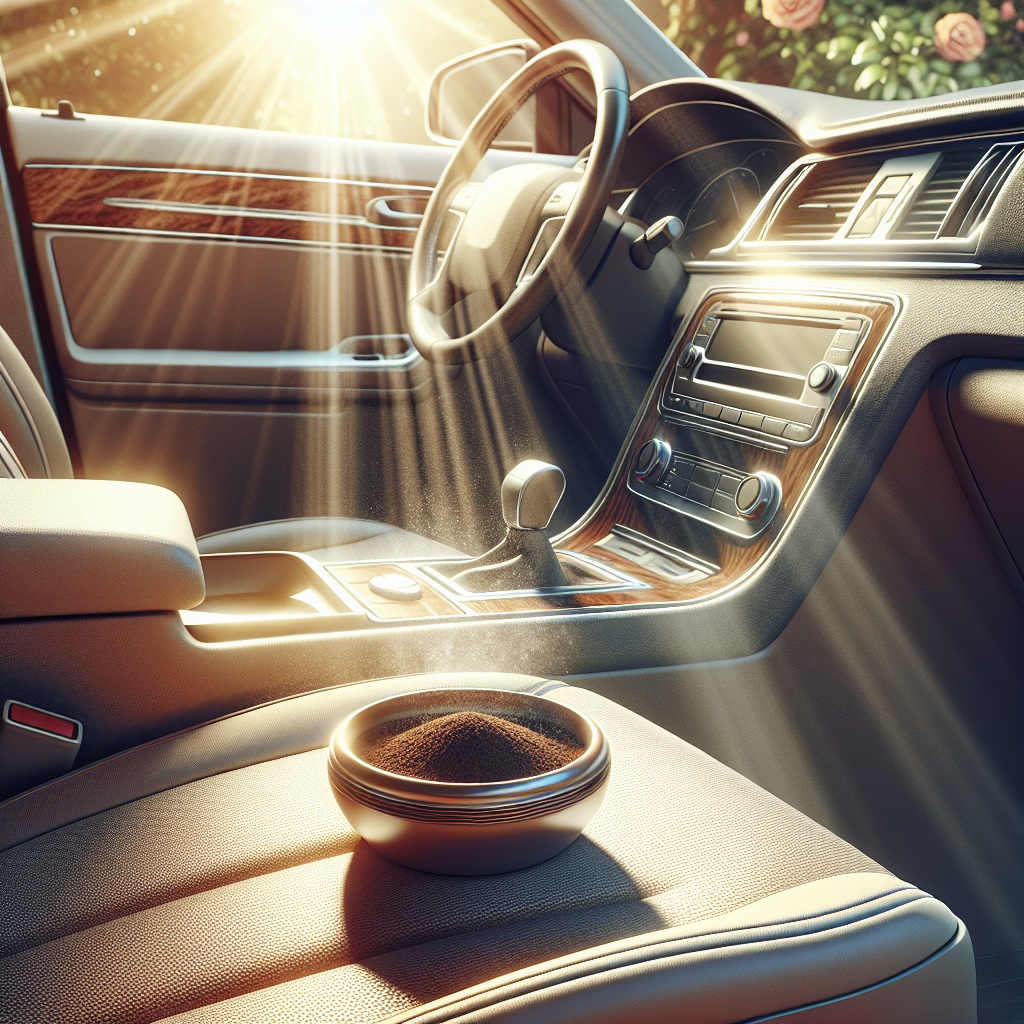 A bright, inviting, and meticulously clean car interior. Sunlight streams in through the windows, illuminating fresh-looking upholstery and a spotless dashboard. A small, elegant bowl filled with fresh coffee grounds is subtly placed on the passenger seat, hinting at a natural odor removal solution. The overall atmosphere is airy, pleasant, and revitalized. Realistic, vibrant colors, soft focus.