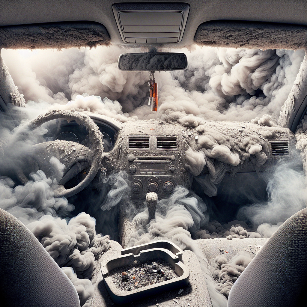 A car interior heavily permeated with visible, thick gray smoke. The smoke clings stubbornly to the fabric seats, dashboard, and headliner, making the space look stale and unpleasant. An overflowing, dirty ashtray is subtly visible. Realistic, gritty lighting, emphasizing the problem of persistent smoke odor.