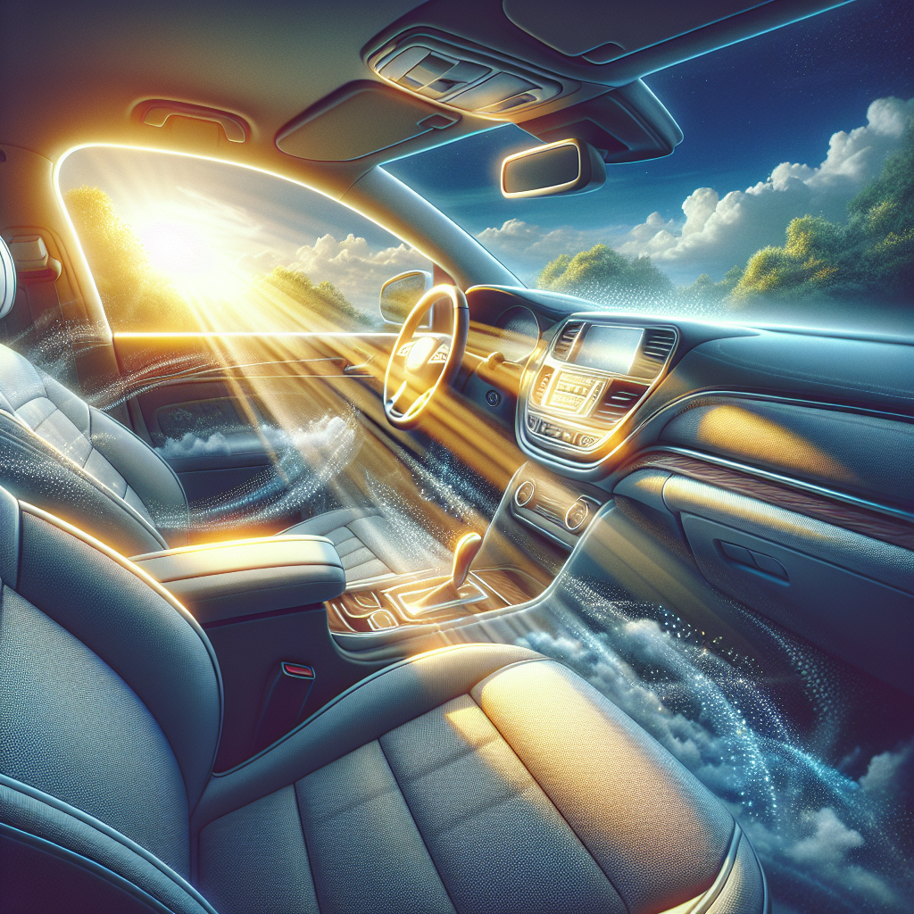 A car interior looking sparkling clean, fresh, and inviting. Bright sunlight streams through open windows, illuminating spotless fabric seats, a clean dashboard, and a clear, fresh atmosphere. A subtle visual cue of a pleasant, clean scent, like a gentle, airy glow. Focus on freshness and a welcoming feel, depicting the successful removal of smoke smell. Realistic, bright, aspirational.
