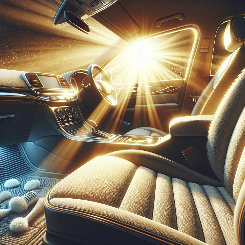 A car interior, sparkling clean and filled with bright sunlight, showcasing fresh, newly cleaned upholstery and carpets. A subtle hint of fresh air wafting in through an open window, with a feeling of renewed comfort and cleanliness, completely free of any unpleasant smells. Realistic, vibrant and clean aesthetic.