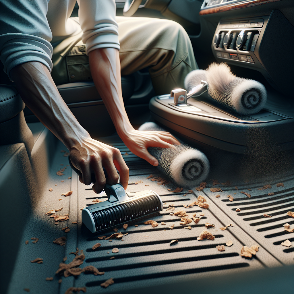 A person's hands are actively vacuuming car floor mats covered in dust and a few crumbs, while in the background, a pet hair roller is visible on a car seat. The car interior looks lived-in, suggesting the need for deep cleaning. Soft, natural light. Realistic, detailed.