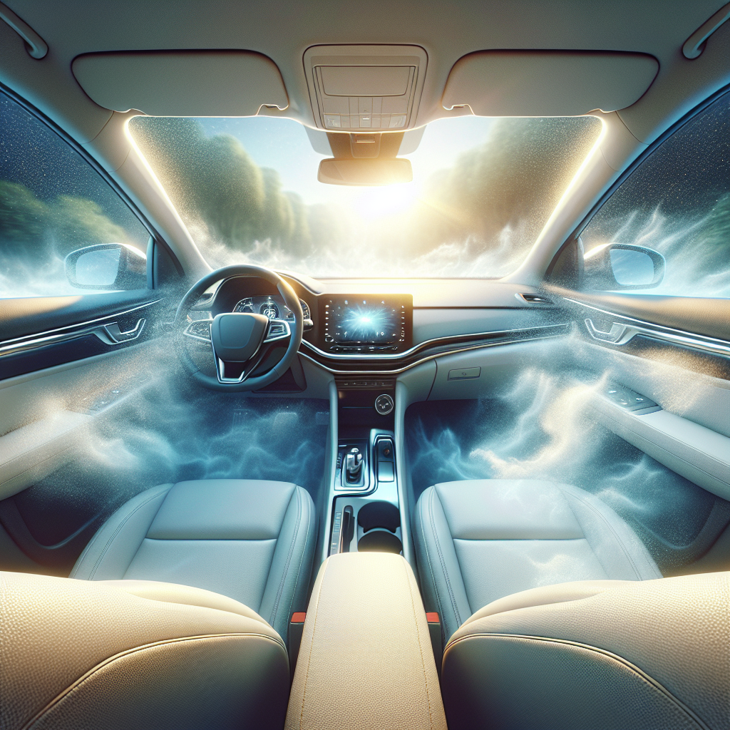 A pristine and sparkling clean car interior, with spotless seats and dashboard, bathed in bright, soft sunlight. A subtle, almost invisible wisp of fresh, clean air is gently flowing through the space, symbolizing freshness. The overall ambiance is inviting and airy. Realistic, high-detail.