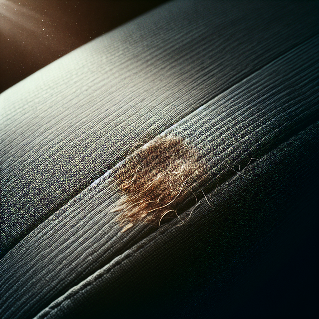 Close-up of a slightly worn dark grey car upholstery with a subtle, dried spill mark (e.g., coffee or mud) near the seams. A few stray pet hairs are visible on the fabric. The sunlight from a car window casts a gentle, dusty glow, conveying a 'lived-in' and potentially stale atmosphere. Realistic, detailed, soft focus on the fabric texture.