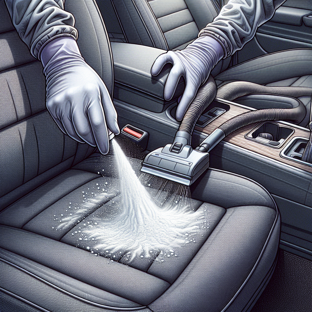A pair of hands, wearing light gloves, is actively sprinkling a fine white powder (like baking soda) over a dark grey car seat upholstery. In the background, a handheld vacuum cleaner is ready on another seat. The car interior is clean and well-lit by natural daylight, emphasizing a fresh and effective cleaning process. Realistic, focus on the action and powder.