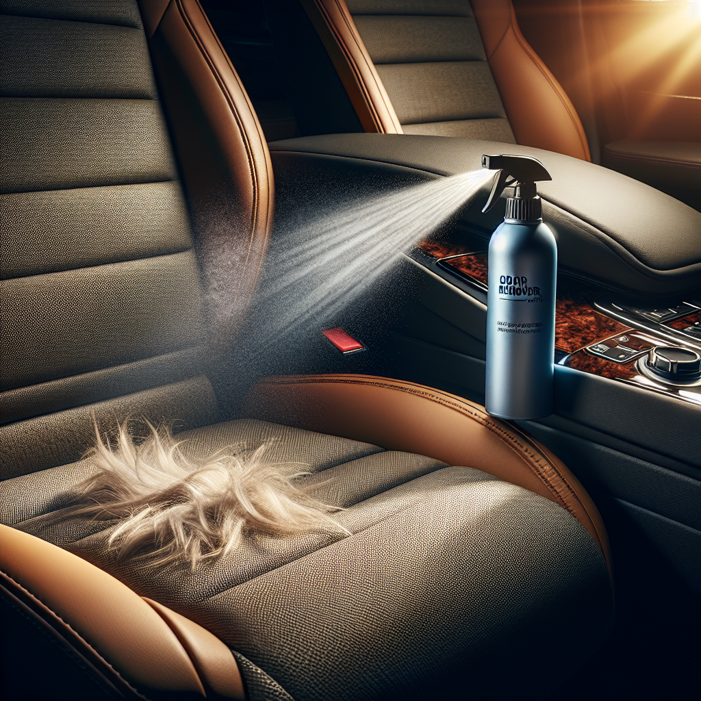 A close-up shot inside a BMW car, focusing on a plush car seat where a few strands of dog hair are visible. Next to it, a specialized 'BMW Odor Remover' spray bottle is actively releasing a fine mist, which subtly blends into the fabric, symbolizing the elimination of unpleasant pet odors and leaving a fresh, clean atmosphere. The lighting is soft and inviting.