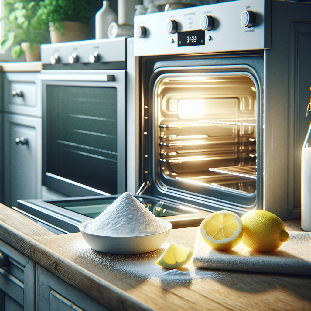A sparkling clean and pristine oven interior, with the door slightly ajar, revealing a spotless, reflective surface. On the clean kitchen counter next to it, a small bowl filled with white baking soda powder and a few fresh lemon slices are arranged, suggesting natural cleaning and freshness. The overall image should evoke a feeling of cleanliness, freshness, and satisfaction. Bright, natural lighting.