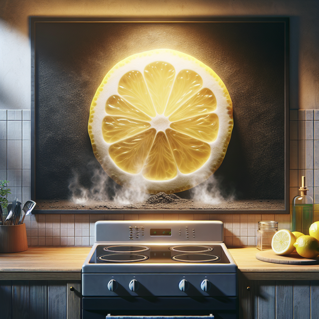 A slightly dirty, used kitchen oven, with a subtle, unpleasant dark wisp of smoke emanating from it. In the foreground, a vibrant, fresh cut lemon is placed prominently on the counter, symbolizing the natural solution to the bad smell. Realistic, warm kitchen lighting, inviting yet hinting at the problem.
