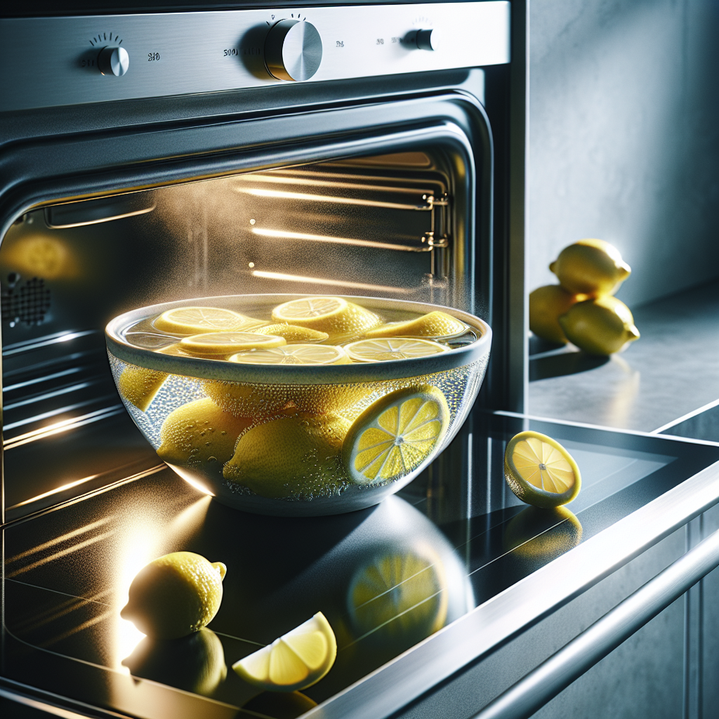 A modern, clean kitchen oven, slightly ajar, revealing a ceramic bowl inside filled with sliced lemons and water. A gentle, fresh steam is subtly rising from the bowl, creating an inviting and clean atmosphere. A few whole lemons are also visible on the adjacent kitchen counter. Bright, natural light, conveying freshness and purity.