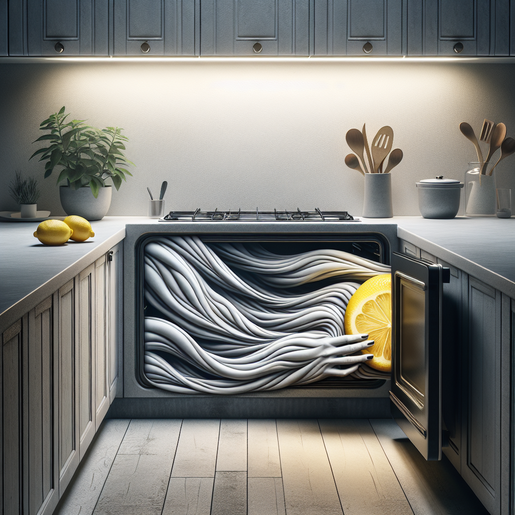 A slightly open, modern kitchen oven, with subtle, wavy visual lines representing an unpleasant odor gently emanating from inside. Next to the oven, on a clean counter, a vibrant yellow lemon is freshly sliced, ready to be used. The overall mood is practical and highlights a common household problem and its natural solution. Soft, natural kitchen lighting.