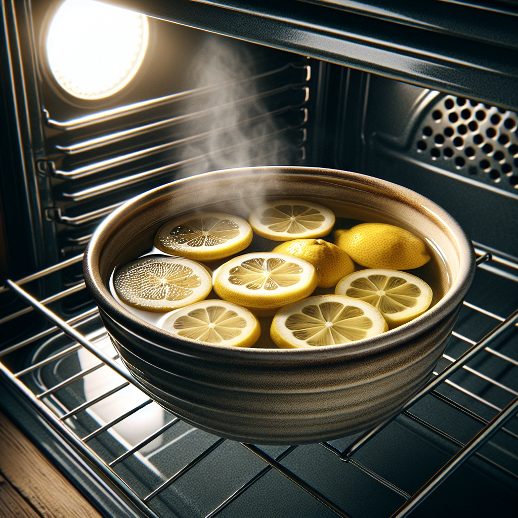 The clean, interior view of a kitchen oven, where an oven-safe ceramic bowl sits on a rack. Inside the bowl, several freshly sliced lemons are submerged in water, gently steaming. The scene conveys a sense of natural cleaning, warmth, and a fresh, citrusy aroma filling the space. Bright, inviting kitchen lighting with a focus on the steaming lemon slices.