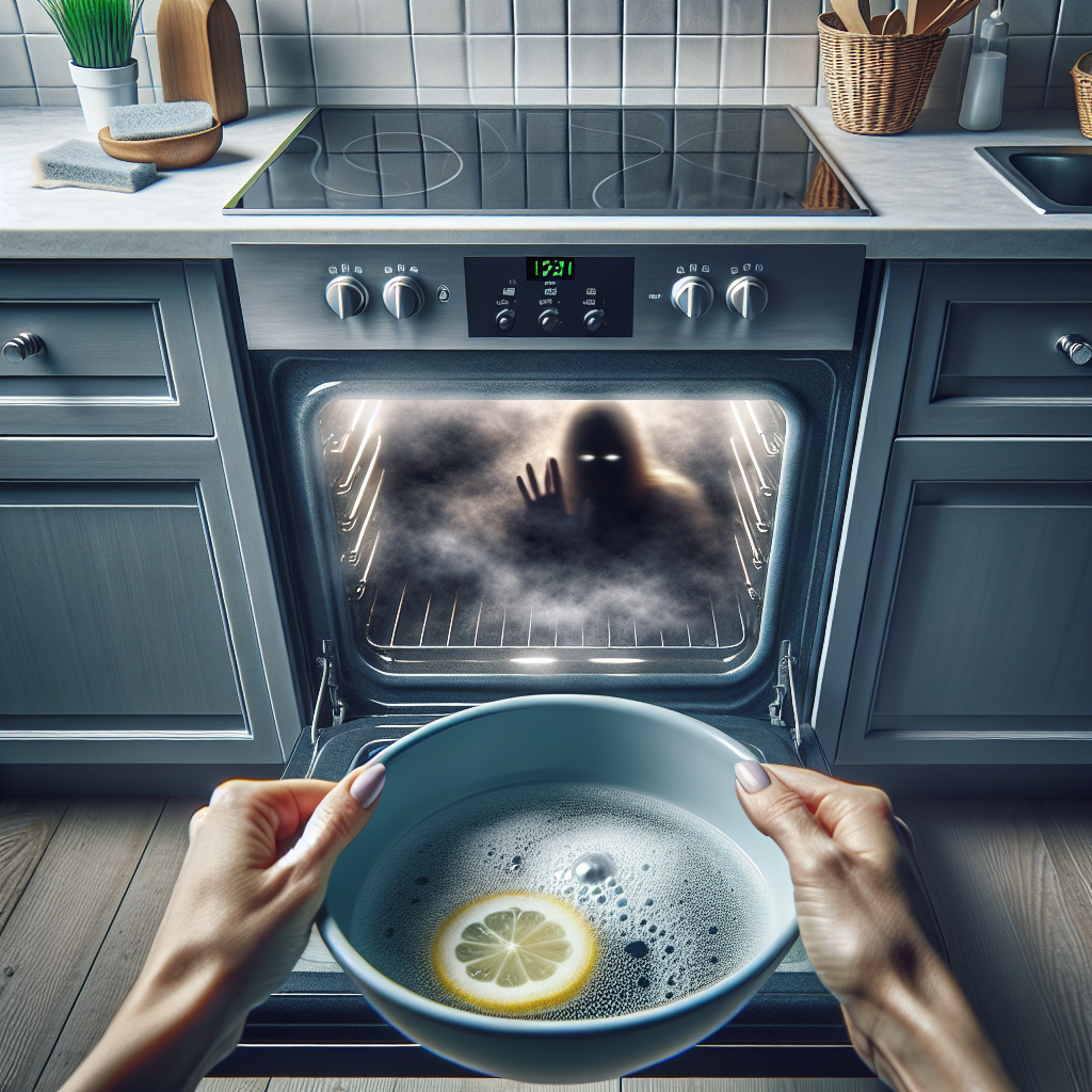 A realistic photo from a slightly elevated angle looking into a modern kitchen oven, its door ajar, with a subtle, almost visible unpleasant smell (represented by a faint, slightly dark haze or steam) emanating from inside. In the foreground, blurred hands hold a bowl of vinegar water with a lemon slice and a cleaning sponge, poised to clean. The kitchen setting is clean but hints at the need for deep cleaning.