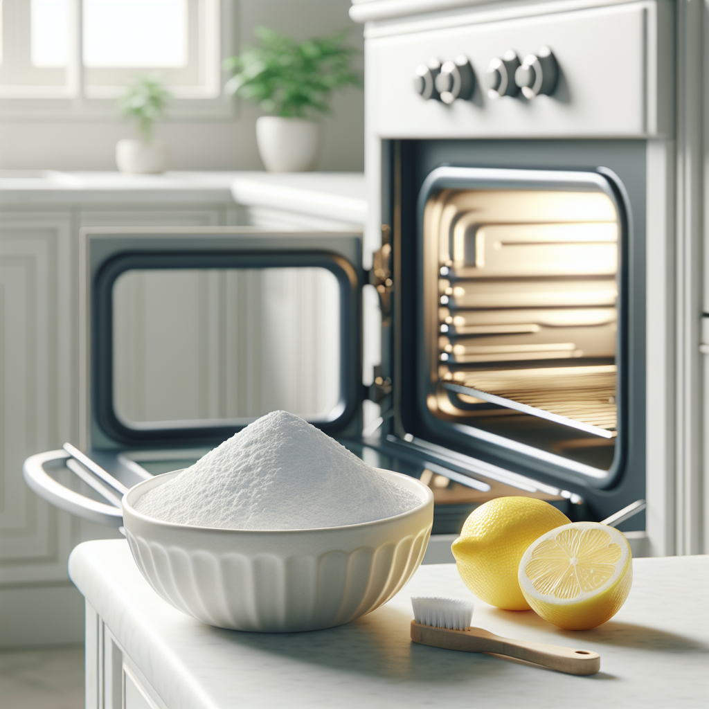 A bright, realistic photo of a sparkling clean, open kitchen oven interior, gleaming and pristine, conveying a sense of freshness. On the pristine kitchen counter next to the oven, there's a small ceramic bowl containing a white powder (representing baking soda) and a few freshly cut lemon halves, suggesting natural home remedies. The lighting is soft and natural, emphasizing cleanliness.