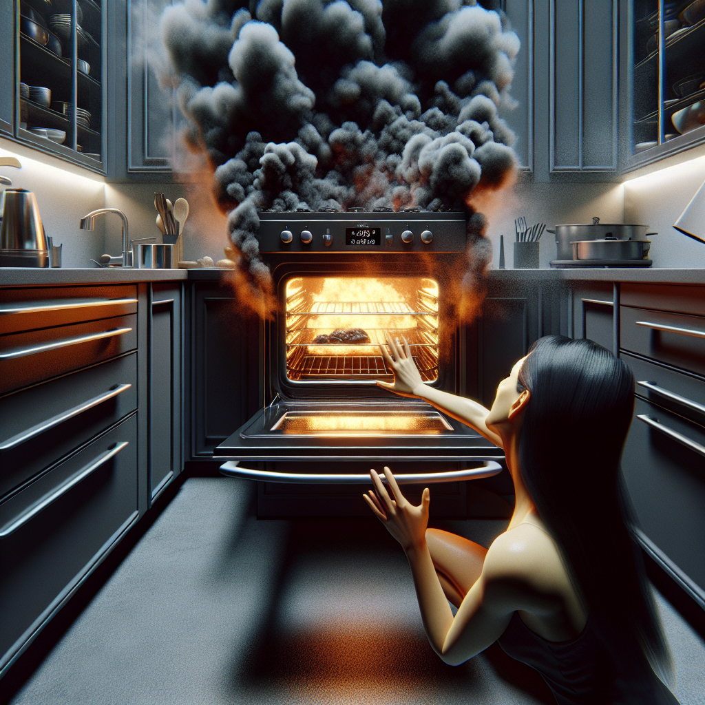 A close-up, realistic photo of an open oven door with a visible plume of dark smoke and steam rising out, filling a modern kitchen. A person's hand is cautiously reaching towards the oven, their face partially visible with a look of dismay or frustration. The scene emphasizes the unpleasantness of a burnt smell in the kitchen.