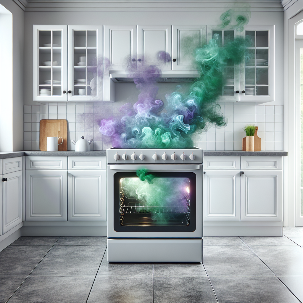 A clean, modern kitchen oven with its door slightly ajar, from which visible, swirling green and purple chemical fumes are wafting out into a bright, otherwise pristine kitchen. The atmosphere conveys a sense of strong, unpleasant odor.