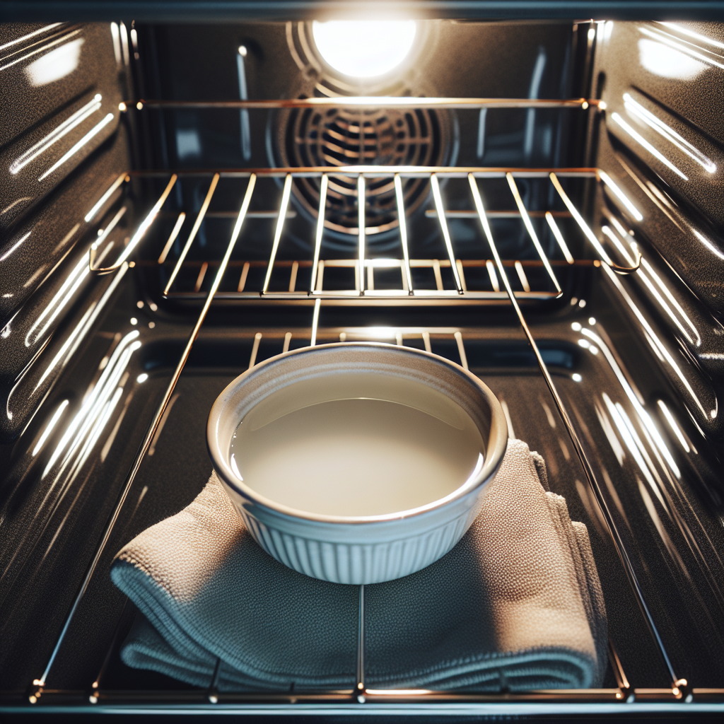 A close-up shot of the inside of a sparkling clean oven, with a small ceramic bowl filled with white vinegar placed on a rack. The light inside the oven is soft and inviting, symbolizing a fresh, odor-neutralized environment.