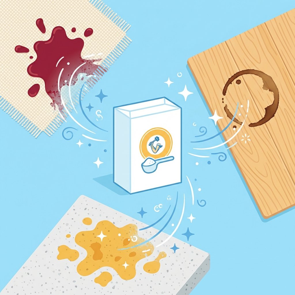 A vibrant and clean flat illustration depicting a pristine white bag or box of baking soda positioned centrally. Surrounding it, various common household stains are visually represented on different surfaces: a distinct red wine spill on a light-colored fabric like a tablecloth or carpet, a dark coffee ring marring a wooden surface, and a greasy splatter on a kitchen counter. Subtle, stylized visual cues such as delicate sparkles or dissolving effects radiate from the baking soda, illustrating its effective cleaning action towards each stain. The overall scene should evoke a sense of natural, powerful, and effective cleaning.