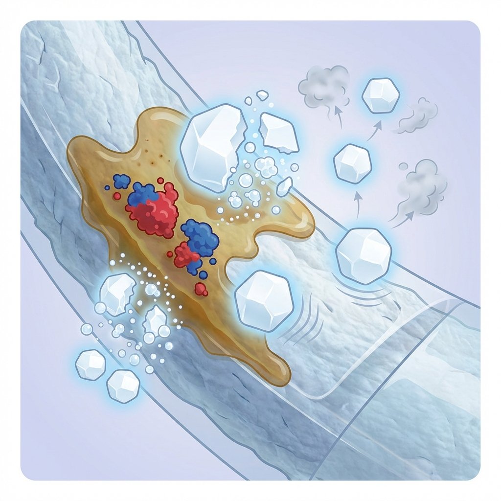 A detailed, modern scientific illustration showcasing the microscopic interaction of baking soda with a stain on a textile. The image presents a cross-section of a fabric fiber, upon which a complex stain (e.g., depicting oily components and colored pigments) is visibly adhering. Small, crystalline baking soda particles are shown actively engaging with the stain: some are illustrated dissolving the oily layers with subtle 'breaking apart' visual cues, others gently providing a mild abrasive action through light friction marks, and a few are neutralizing unseen odor molecules, depicted as small, dissipating 'smell cloud' shapes. The style is clean and informative, visually explaining the chemical processes.