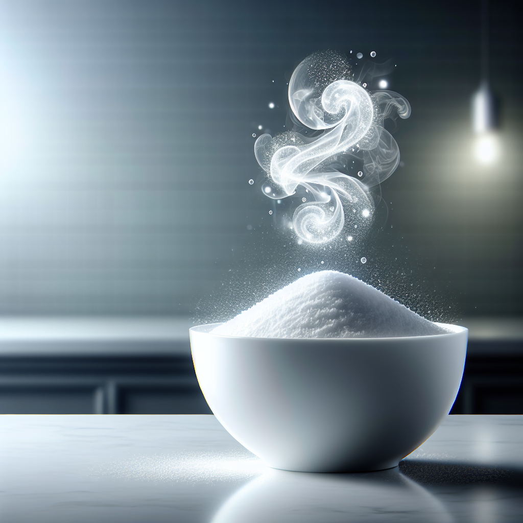 A concept image showing a pristine white bowl filled with baking soda, with subtle, abstract wisps of 'odor' particles floating towards and disappearing into the powder, against a clean, bright background. Emphasize a sense of freshness, purity, and natural neutralization. Minimalist, high key lighting, clean aesthetic.