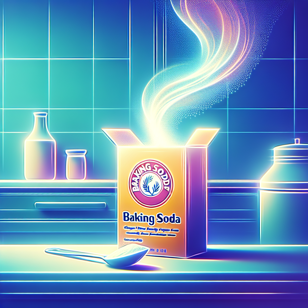 A bright, minimalist kitchen counter featuring an open box of baking soda with a spoon, surrounded by an ethereal, fresh glow that visually dissipates subtle, abstract wisps of unpleasant odors. The overall scene is clean, modern, and highlights the baking soda's power to neutralize smells.