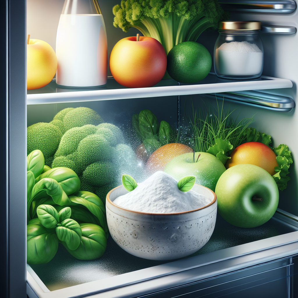 A close-up view inside a sparkling clean, modern refrigerator. On a shelf, a small, simple ceramic bowl filled with white baking soda sits among crisp, fresh vegetables and fruits. A gentle, refreshing aura emanates from the baking soda, symbolizing odor absorption and freshness.