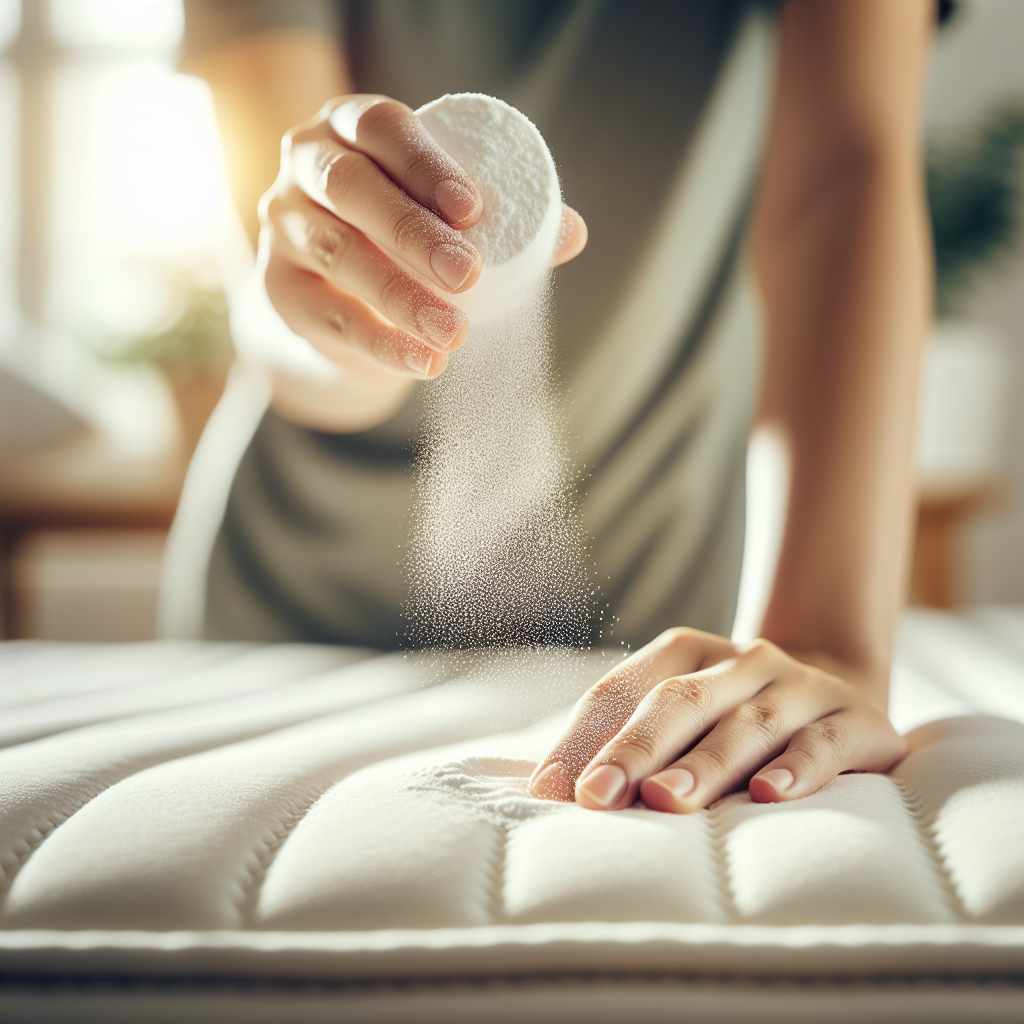 A close-up, high-angle shot of a hand gently sprinkling a fine white powder (baking soda) onto the smooth surface of a light-colored mattress. The scene is bright and clean, with soft, natural light, emphasizing the purifying and natural cleaning process. The background is a softly blurred, inviting bedroom, suggesting freshness and comfort.