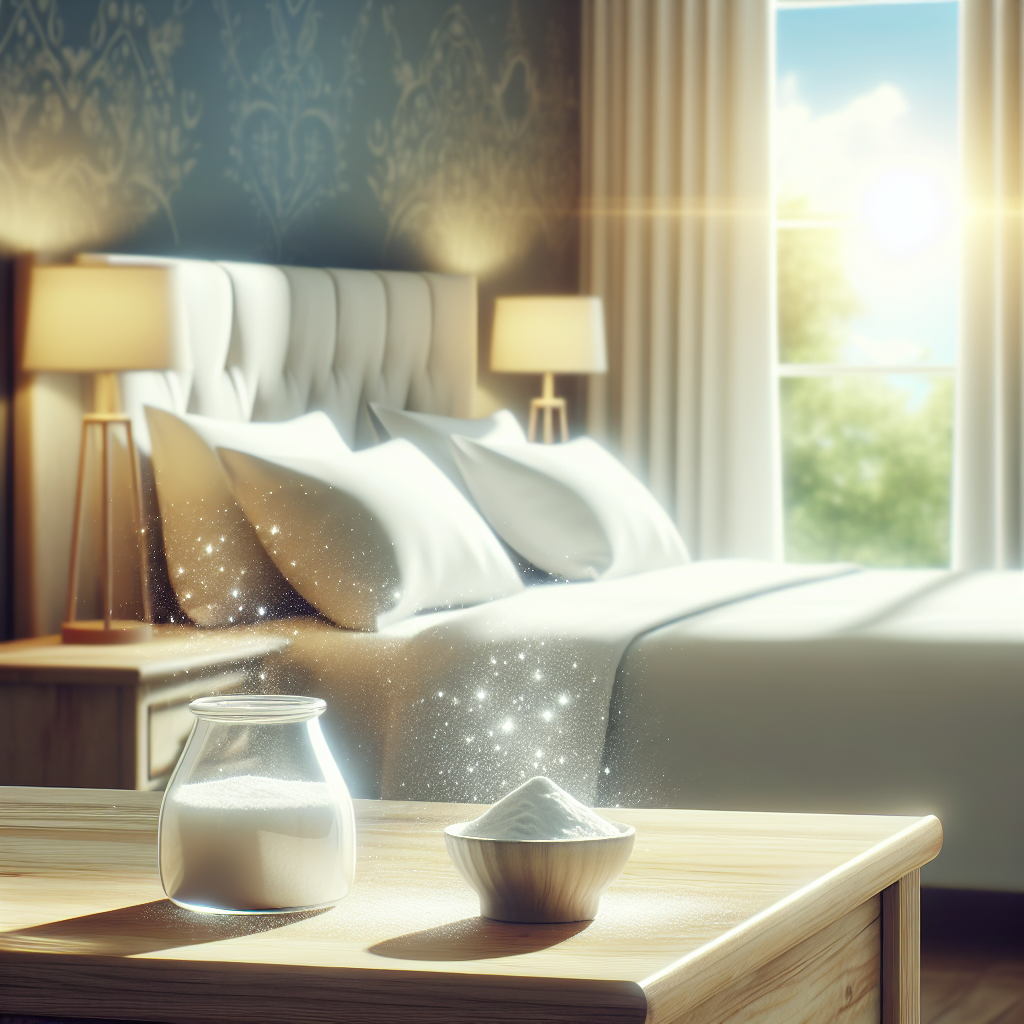 A beautifully clean and inviting bedroom scene with a freshly made bed and a pristine, white mattress. Sunlight streams through a window, illuminating the room and creating an atmosphere of crisp freshness and natural purity. On a nearby minimalist wooden bedside table, a small, open container of baking soda is subtly visible, hinting at the simple, effective cleaning method.