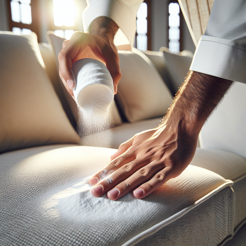 A close-up shot of hands gently sprinkling a generous amount of white baking soda powder onto the fabric surface of a modern, light-colored sofa. The sofa is clean, and the powder creates a fine, even layer, suggesting a natural cleaning process. The setting is a bright, cozy living room. Realistic, natural lighting, soft focus in background.