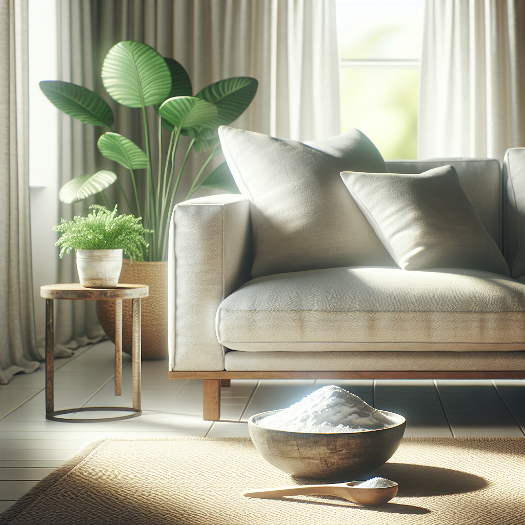 A comfortable, clean, and inviting fabric sofa in a bright, modern living room, bathed in natural sunlight. A subtle, almost invisible hint of freshness is conveyed through the pristine appearance and soft light. On a nearby coffee table, a small, rustic bowl contains a scoop of white powder, subtly alluding to baking soda, beside a small green plant. The overall mood is fresh, calm, and natural. High-quality photography, warm tones.